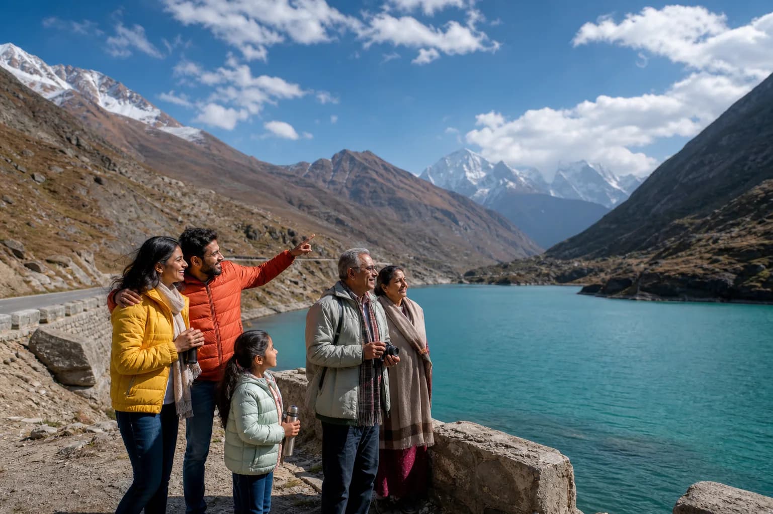 Indian family enjoying a domestic Himalayan holiday beside a mountain lake
