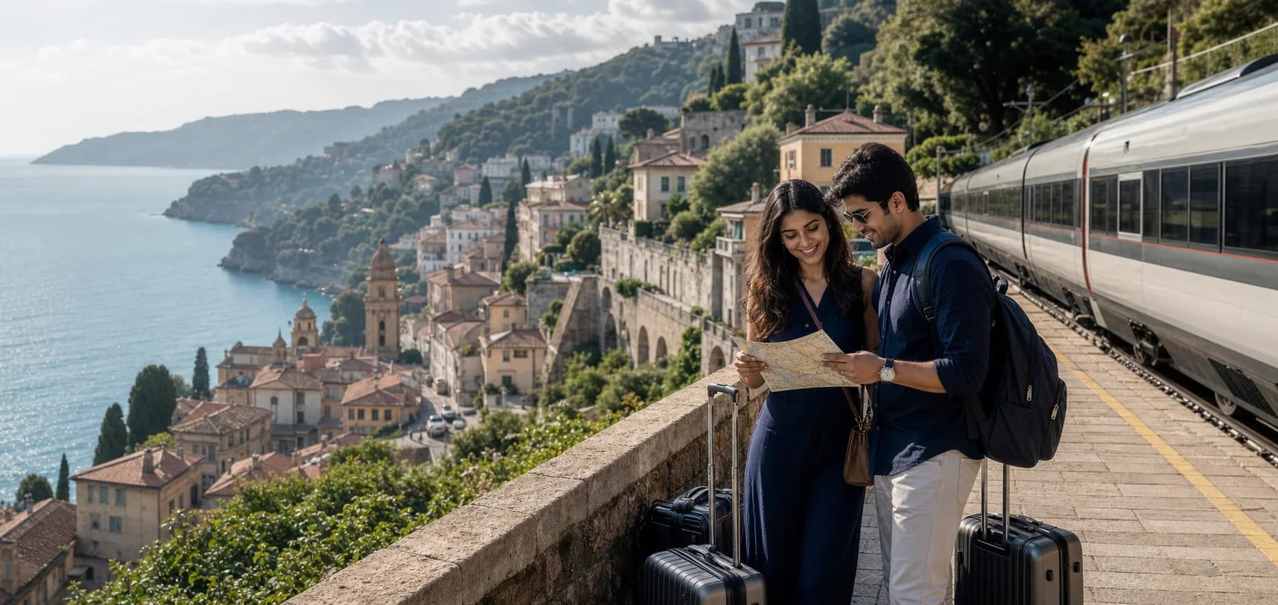 Indian couple planning an international coastal rail journey in Europe